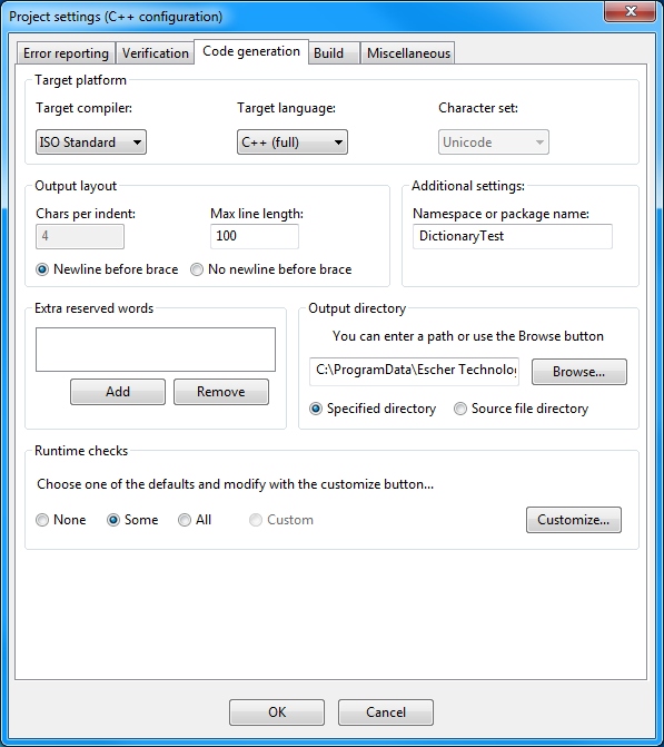 Code generation settings