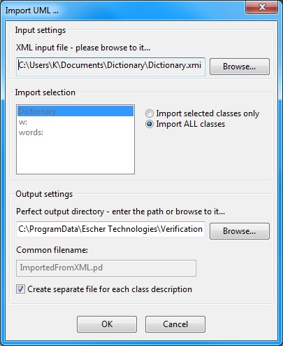 Selecting UML classes to be imported